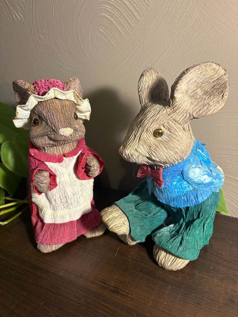 Vintage Paper Mache Easter Bunny Couple Figurines in Traditional Clothing